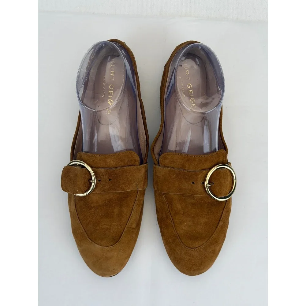 Kurt Geiger Loafers Women 38 Brown Suede Gold Buckle Made in Italy Preppy